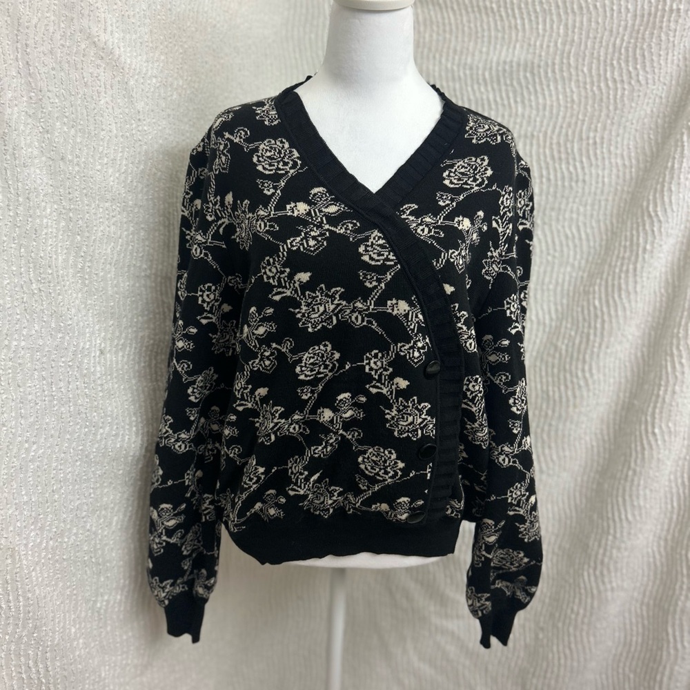 Valentino Sweater Cardigan Black White Womens Size 14 Made In Italy Flower Print